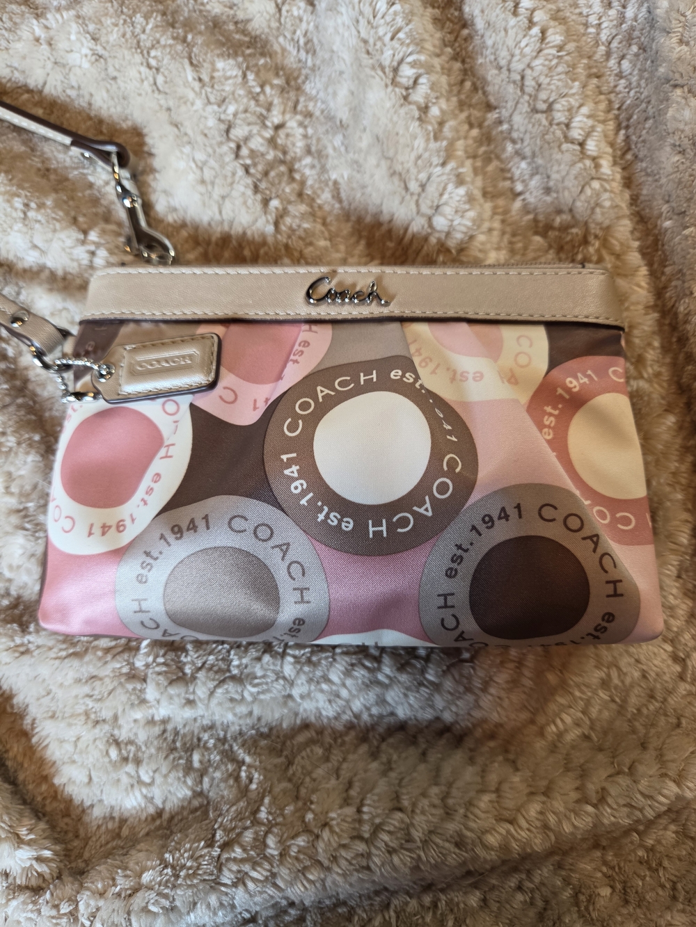 Coach Pink Multi Circle Signature Wristlet with Silver Hardware and Cream Trim